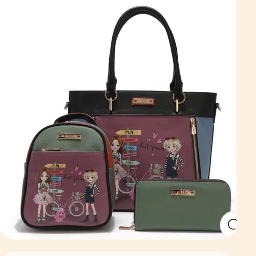 Nicole Lee Trio Tote, Mini Backpack & Wallet in Burgundy, Green & Black